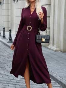 SHEIN Clasi Đầm sơ mi dài tay dài cổ bẻ trễ vai màu trơn cho nữ, trang phục maxi thu cho nữ - Màu đỏ tím - Xem 1