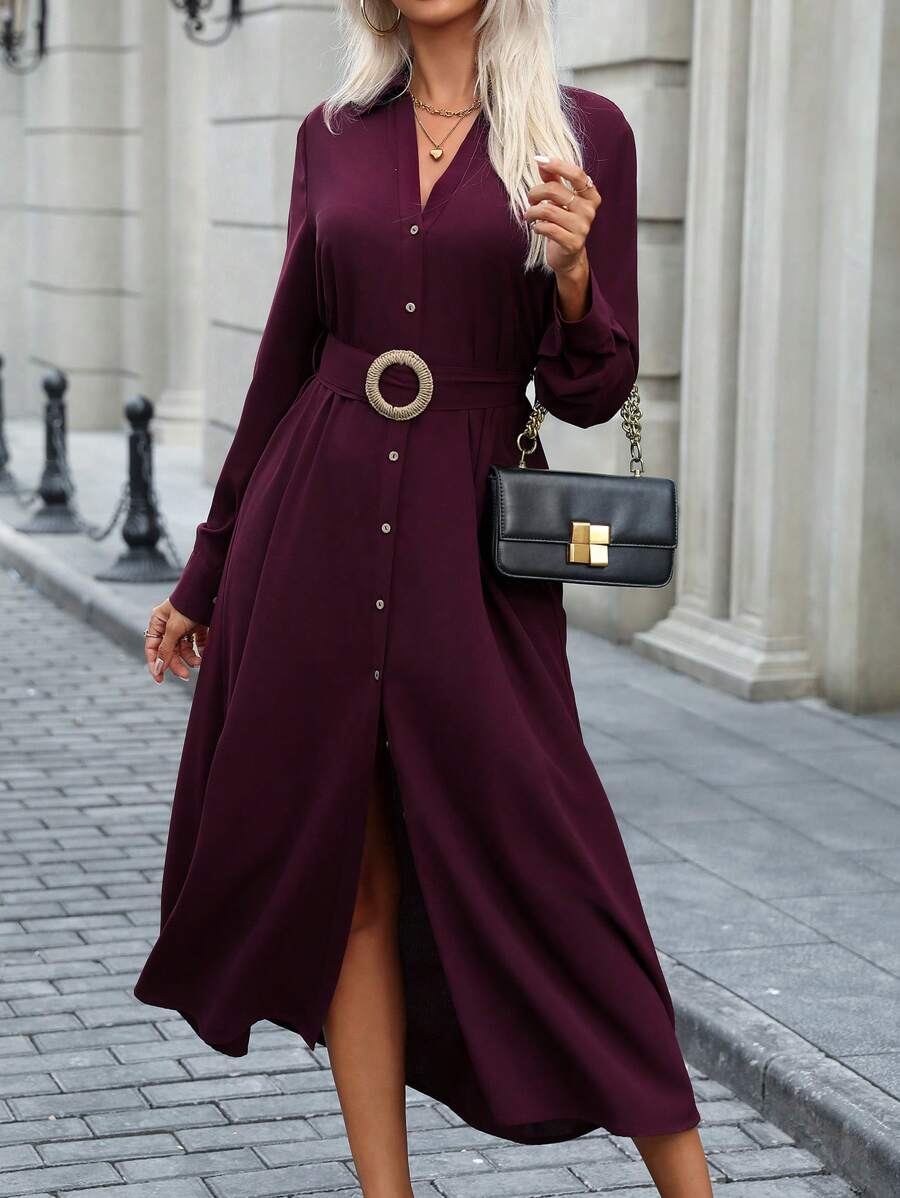 SHEIN Clasi Đầm sơ mi dài tay dài cổ bẻ trễ vai màu trơn cho nữ, trang phục maxi thu cho nữ - Màu đỏ tím - Xem 1