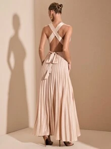 SHEIN BAE Robe plissée à dos ajouré dans les tons abricot et blanc, col V sexy, élégante et simple, convenant pour cocktail, rendez-vous romantique, robe en tricot d'automne/hiver, fête, invité de mariage, Halloween, Noël - Nude - Voir 2