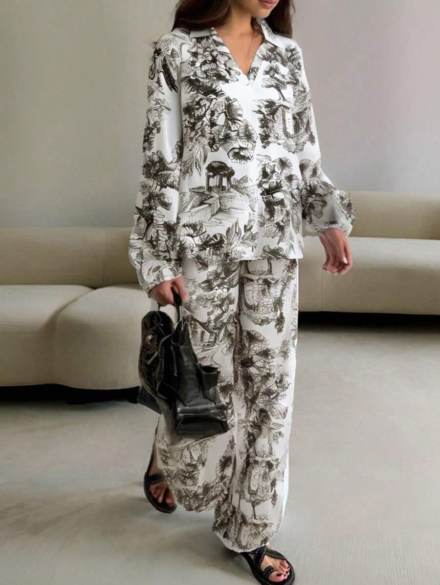 SHEIN Essnce 2 件套女士休闲度假户外吸湿排汗透气抽绳衬衫和宽松长裤套装、植物印花秋季套装、棉质女式两件套、秋装、两件套秋季服装、长袖女式衬衫、碎花女式连衣裙、女式套装、冬季女式连衣裙、服装、女式服装、两件套秋季套装 - 彩色 - 查看 1