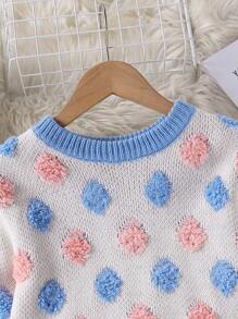 2pcs Set For Young Girls, Adorable Polka Dot Pullover Sweater And Bodycon Skirt Set, Fashionable Cute Naughty Knitwear Outfit For Girls - Blue and White - View 3