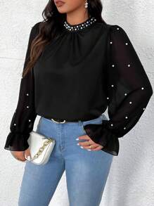 Vionelle Elegant Romantic Stand Collar Long Sleeve Chiffon Shirt With Pearl Decor And Ruffle Cuffs Fall Cloth For Women - Black - View 4