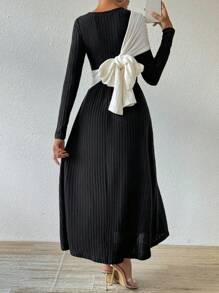 Chiquease Women's Asymmetric Neckline Colorblock Ruched Long Sleeve Casual Dress - Black - View 2