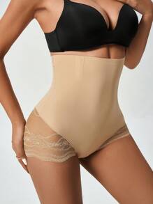 Women Solid Color High-Waist Lace Splicing Shapewear Panty - Apricot - View 4