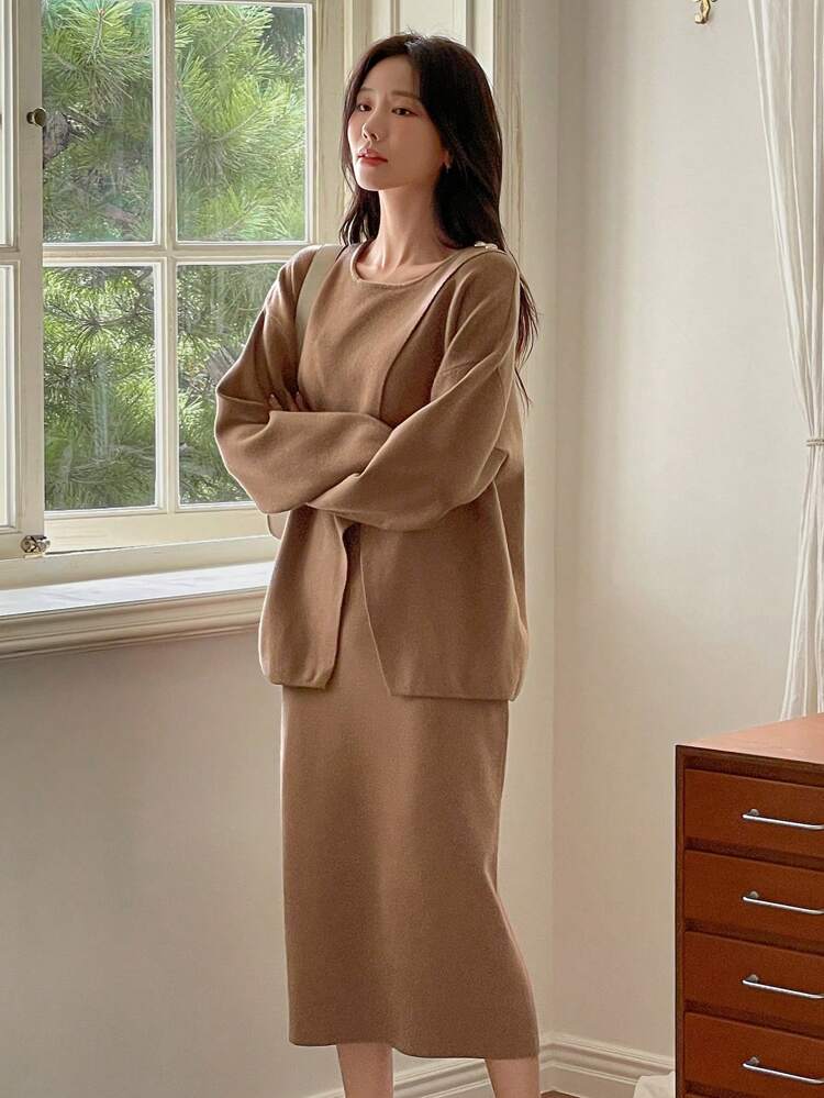 2pcs Set: Women's Casual Solid Color Slit Sweater And A-Line Skirt, Autumn/Winter