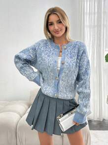 EURMUSE Floral Print Brushed Knit Splice Button Front Elegant Long Sleeve Cardigan - Blue - View 4