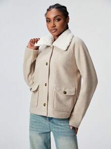 SHEIN Unity 1pc Women Casual Simple Textured Contrast Color Panel Button Front Lapel Cardigan, Apricot, Autumn/Winter Fall Cloth For Women - Apricot - View 5