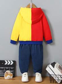 Conjunto de 2 piezas para niños pequeños: sudadera con capucha de bloque de color tejido con patrón bordado de letras en inglés y pantalones vaqueros suaves con bolsillos funcionales, conjunto colorido y vibrante adecuado para uso diario, deportes, escuela, viajes - Multicolor - Ver 2