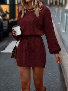 SHEIN LUNE Women's Solid Color Round Neck Long Sleeve Casual Knit Sweater Dress, Suitable For Autumn/Winter For New Year Clothes