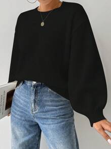 EMERY ROSE Loose Round-Neck Lantern Sleeve Harmony Drop Shoulder Knitted Sweater, Long Sleeve Top Fall Winter - Black - View 5