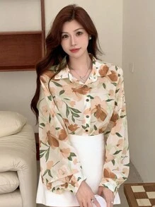 DAZY 1 chiếc áo cánh dài tay bằng vải chiffon in hoa thanh lịch dành cho nữ - Màu Mù tạt vàng - Xem 8