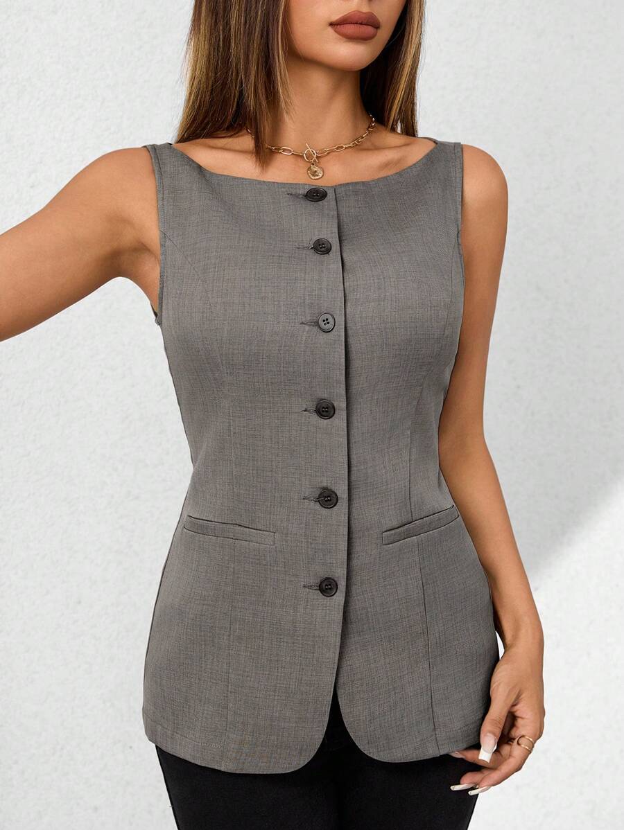 SHEIN PETITE Women's Commuting Fake Pockets Decorated Boat Neck Khaki ...