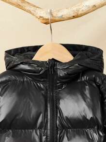 1pc Young Boys Casual Stylish & Practical Comfortable Thick Warm Quilted Padded Hooded Jacket, Suitable For Kids Outfits, Young Boy Clothes, School, Back To School, Daily Wear, Outdoor, Sports, Autumn/Winter - Black - View 3