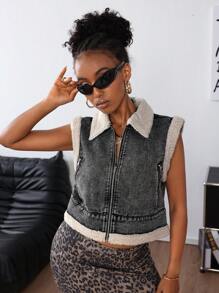 SHEIN ICON Women Furry Panel Front Zipper Sleeveless Simple Casual Denim JacketThermal Thickened Denim