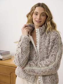 Aralina Super Cosy Teddy Fleece With Fashion Contrast Stripe Zip Thru Jacket