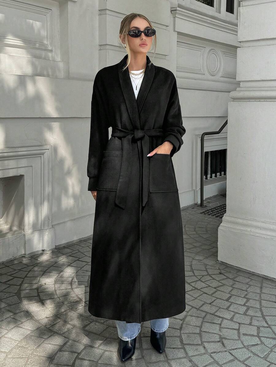 SHEIN Cottnline Drop Shoulder Long Overcoat With Belt - Black - View 1