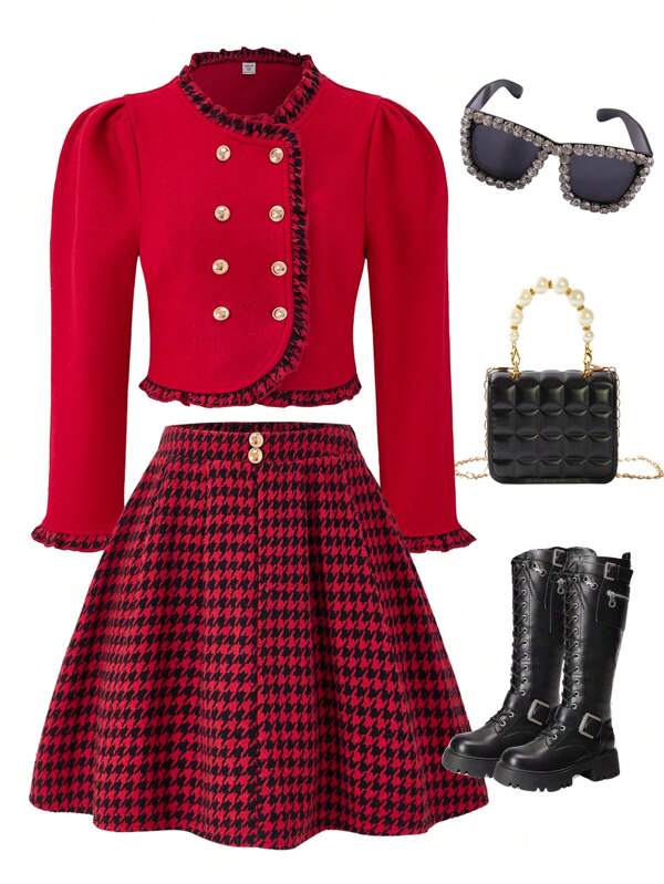 Teenage Girls Elegant Long Sleeve Woven Tweed Jacket Coat + Minimalist Woven Houndstooth Elastic Waist Skirt Set, Autumn/Winter