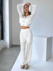 SHEIN EZwear 2 bộ đồ vest nữ tay dài cài nút phía trước đơn giản và quần âu mỏng trong suốt - trắng - Xem 4