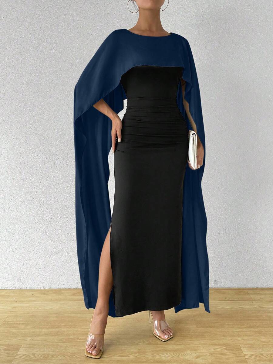 SHEIN Unity 1 件优雅拼布拼色圆领开衩袖连衣裙，配可拆卸围巾 - 藏蓝色 - 查看 1