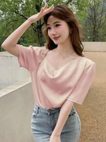 DAZY 女士夏季休闲优雅链条细节短袖衬衫 - 粉色 - 查看 4