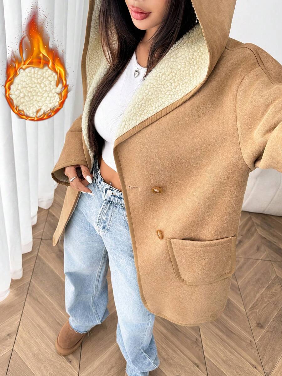 SHEIN EZwear 女款复合羊毛连帽衫 - 棕色 - 查看 1