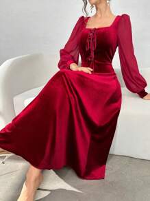 Modelyn Women's Solid Color Front Tie Long Sleeve Simple Long Dress