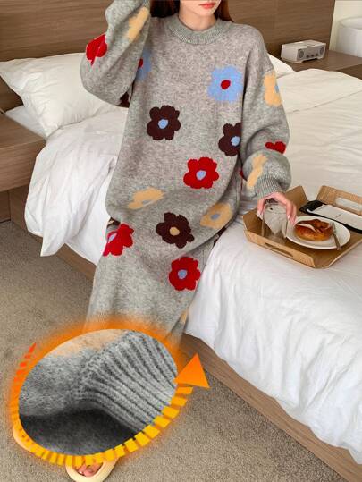 DAZY 可爱花朵提花针织超大睡袍睡衣秋冬