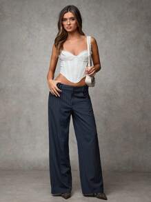 SHEIN BAE Pantalones anchos de mujer de cintura baja con botones decorativos y rayas azul marino, pantalones casuales versátiles para ir a la oficina o paseo