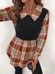 SHEIN Clasi Women Orange Plaid Patchwork Casual Long Sleeve Top - Orange - View 2