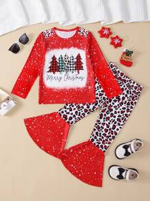 Bộ 2 món áo thun tay dài in họa tiết cây thông Noel cho bé gái và quần ống loe họa tiết da báo - Nhiều màu - Xem 1