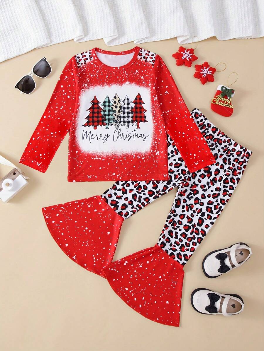 Bộ 2 món áo thun tay dài in họa tiết cây thông Noel cho bé gái và quần ống loe họa tiết da báo - Nhiều màu - Xem 1