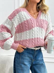 SHEIN Cottnline Women'S Striped Color Block Drop Shoulder Sweater - Baby Pink - View 5