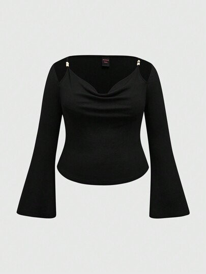 Maglietta a maniche a campana aderente con collo drappeggiato, stile hippie, taglie comode