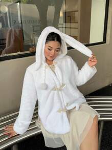 SHEIN MOOSTA Plus Size 1pc Adorable, Quirky, Elegant, Sweet Regular White Rabbit Ear Hoodie - White - View 8