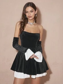 Enchnt Women Solid Color Splicing Off-Shoulder Long Sleeve Simple Short Dress - Black and White - View 2