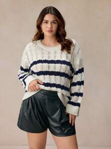 SHEIN Frenchy Plus Size Women Striped Round Neck Drop Shoulder Long Sleeve Casual Knit Pullover Sweter Jesień