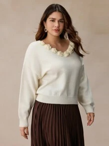 Elaquor Suéter elegante de talla grande con decoración floral 3D y cuello en V, informal para uso diario, otoño/invierno
