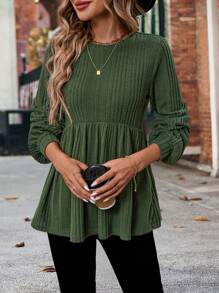 SHEIN LUNE Áo thun nữ tay raglan dệt kim gân màu xanh ô liu mới thu/đông 2024 - xanh quân đội - Xem 4