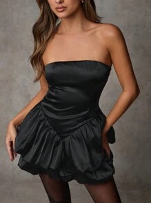 SHEIN BAE Fall Women Clothing Dresses Strapless Satin Party Occasion Mini Dress Old Money Style Dress ,Teacher Outfits Office Siren Outfits Work ,Business Women Clothes,Christmas Women Dress,Elegant Women Dresses,Hollowed Costumes,Sexy Black Dress,Black Homecoming Dress
