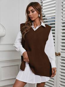 EURMUSE Solid Slit Hem Sweater Vest Without Blouse - Brown - View 3