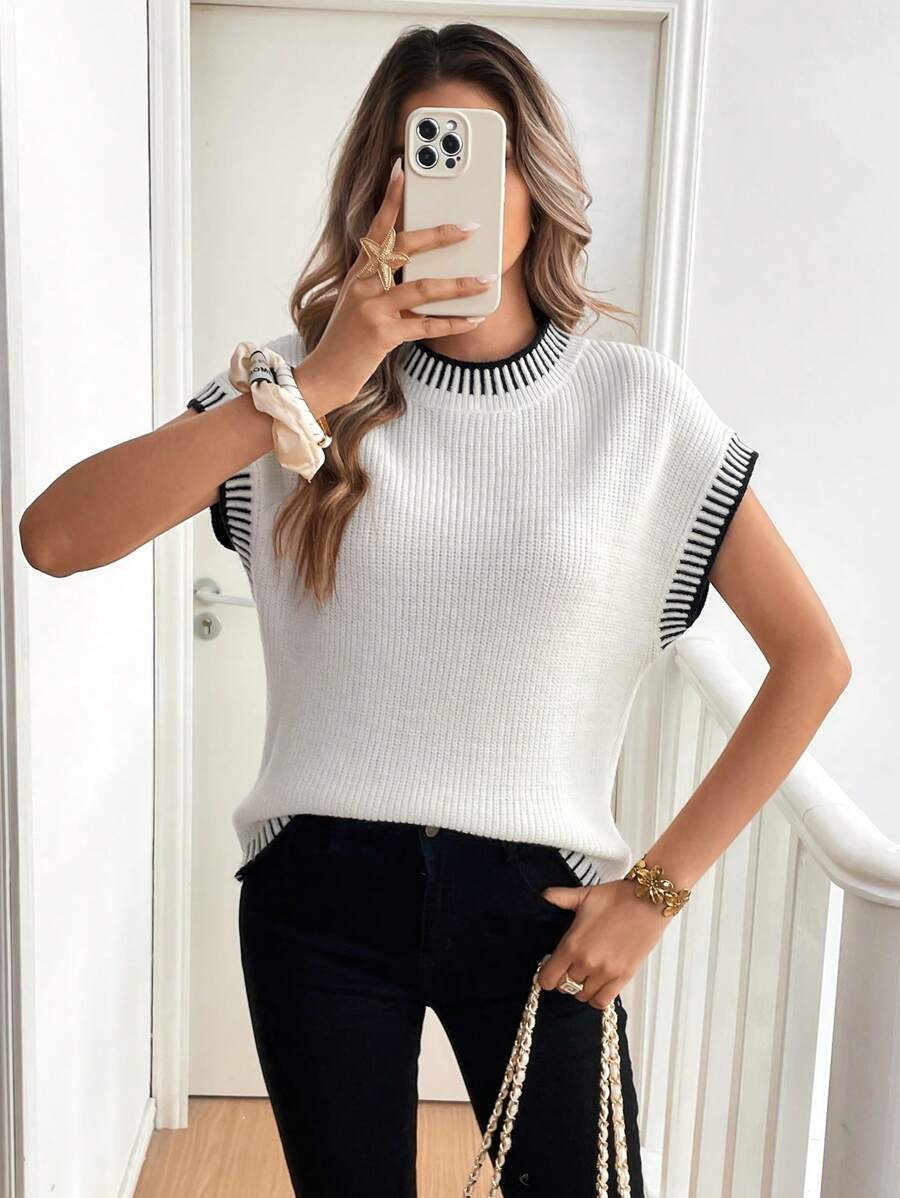 SHEIN Frenchy Áo len tay ngắn viền tương phản thường ngày cho nữ, mùa thu - Màu be - Xem 1
