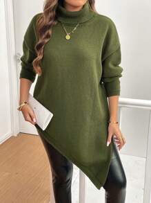 Flirla Plus Size Solid Color Simple Casual Asymmetrical Hem Knitted Pullover Sweater, Winter Fall - Army Green - View 1