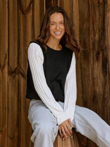 LanaWest Women Crew Neck Colorblock Puff Sleeve Knitted Sweater, Autumn/Winter  Fall Outfit