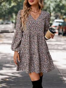 SHEIN LUNE Đầm ngắn nữ kiểu dáng nghỉ mát, cổ chữ V, tay phồng, viền bèo họa tiết hoa, thích hợp mặc thường ngày. - Nhiều màu - Xem 4