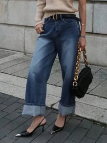 DAZY 女士休闲直筒口袋牛仔裤，日常穿着 - 深色水洗藍 - 查看 9