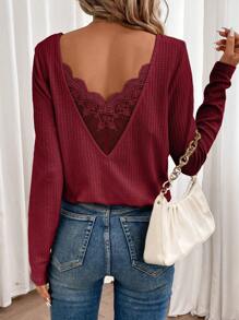 SHEIN Frenchy Lace Spliced Long Sleeve Waffle Fabric Black T-Shirt