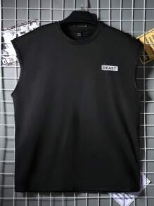 Gym Rark Boyfriend Style Men's Round Neck Patch Decor Sleeveless Sports Top, Summer - Black - View 1