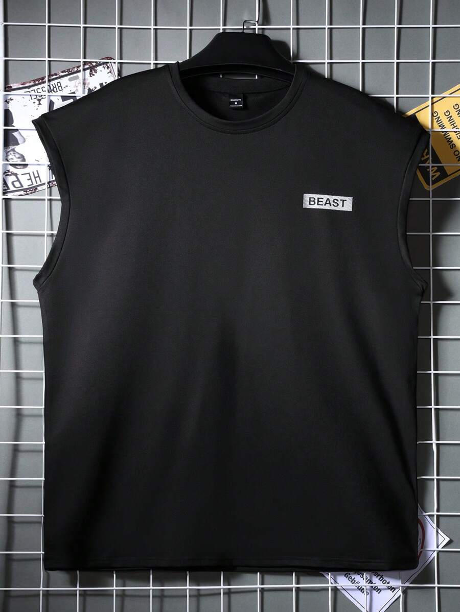 Gym Rark Boyfriend Style Men's Round Neck Patch Decor Sleeveless Sports Top, Summer - Black - View 1