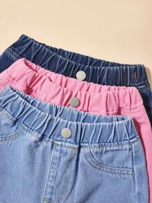 SHEIN 女童牛仔裤，多色拼接牛仔布，学院风，舒适棉质面料，休闲优雅，粉色、浅蓝色和深蓝色撞色设计，三色搭配，百搭柔软，适合日常出行、聚会、旅行、返校、户外活动和通勤。 - 彩色 - 查看 4