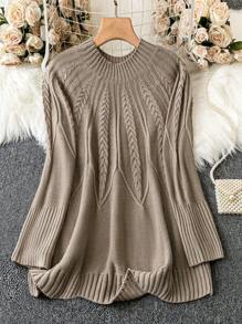EMERY ROSE Plus Size Solid Color Round Neck Pullover Sweater With Long Sleeves, For Winter Knit Pullover Fall Sweater - Khaki - View 1